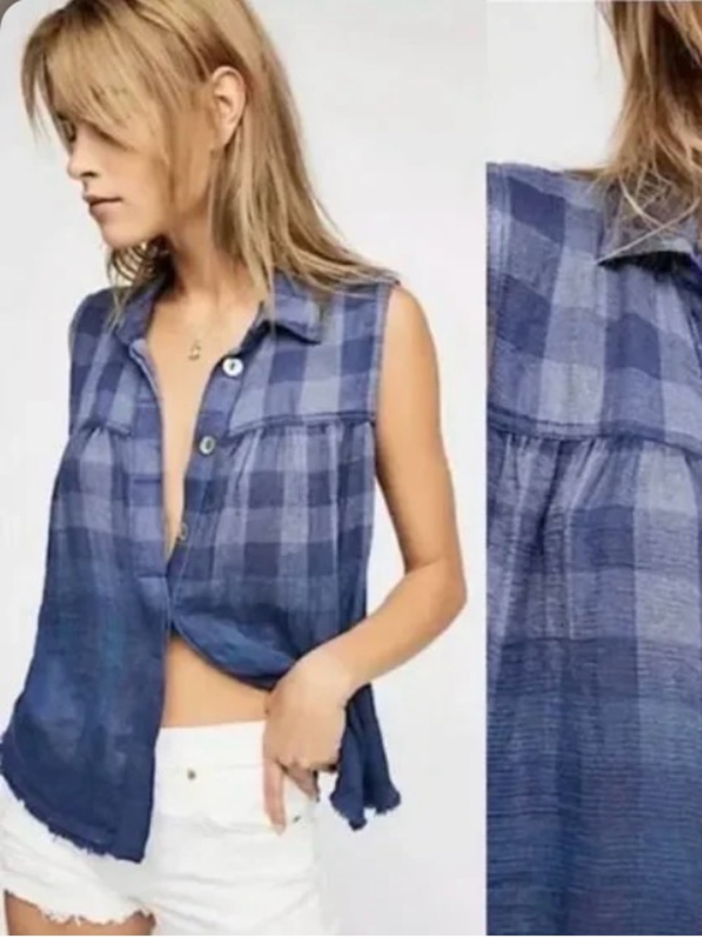 Free People Sleeveless Indigo Plaid Button-Down Top